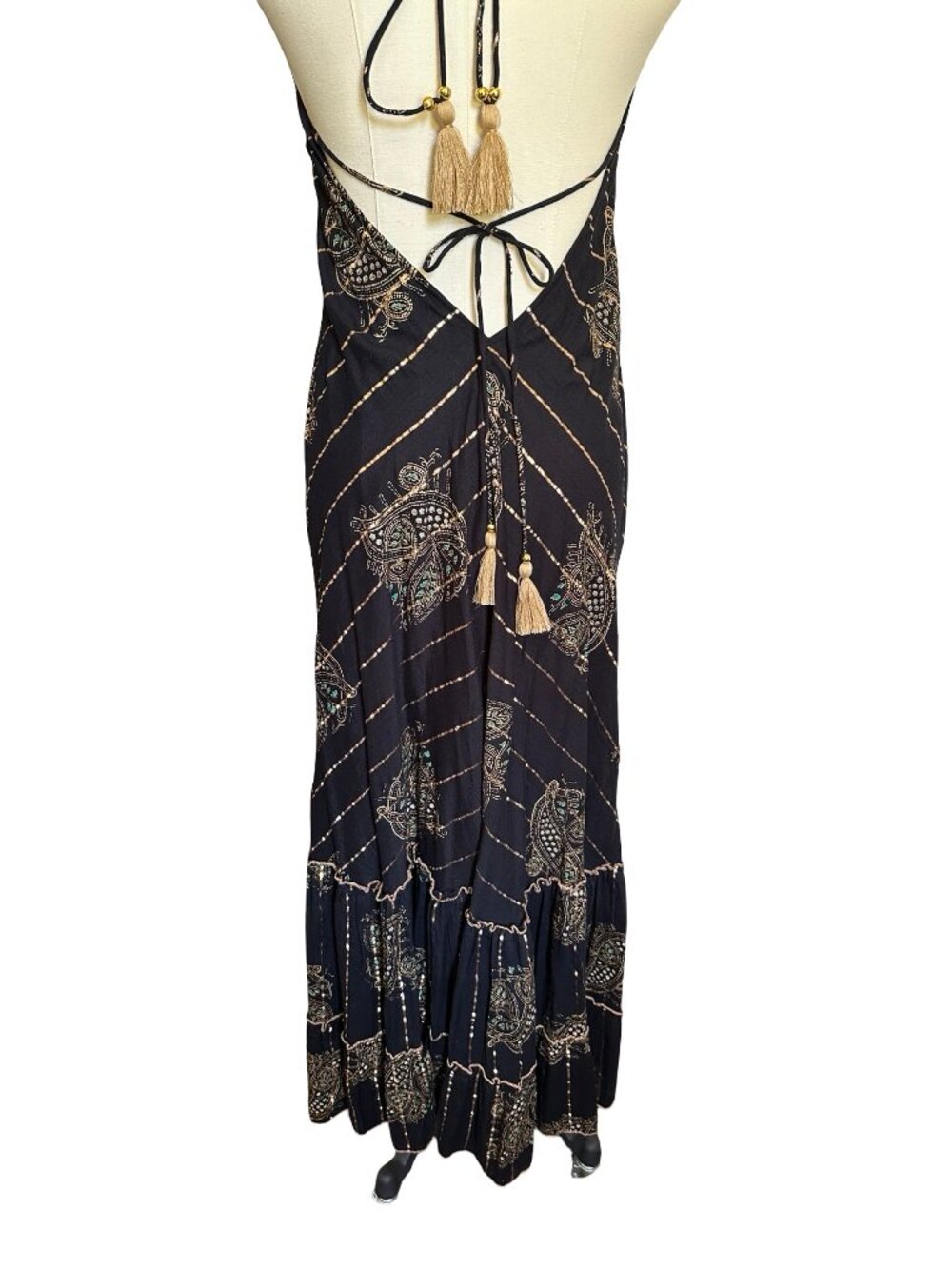 NWT Ananta Embroidery Halter Tiered Maxi Cami Flare Open Back Free People Dress
